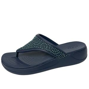 NWOT Crocs Monterey Diamante Blue Embellished Wedge Thong Sandals Size 11